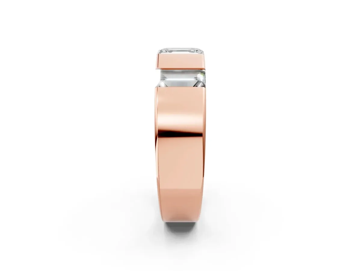 Emerald Cut Diamond Three-Stone Mens Ring with Baguette Side Stones Rose gold