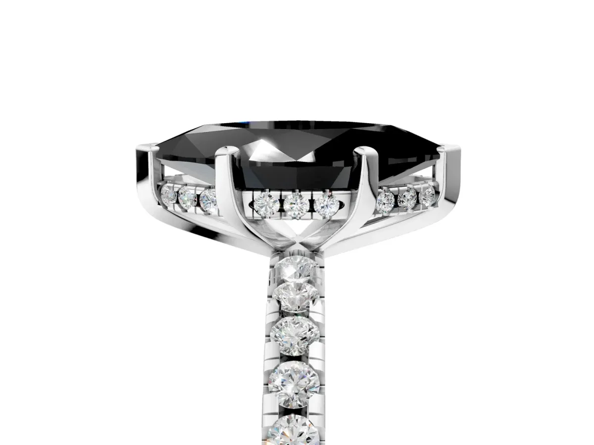 Fancy Black Marquise Cut Diamond Solitaire Ring with Round Pavé Band and Four-Prong Setting Silver