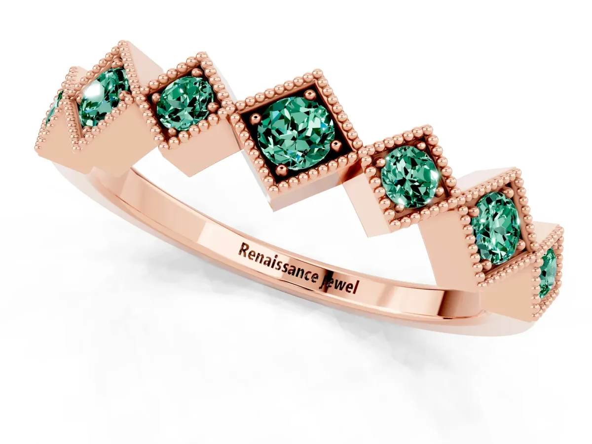 Milgrain Square Bezel Round Green Sapphire Chevron Band Rose gold