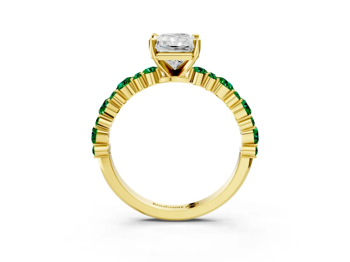 Radiant Cut Diamond Side Stone Solitaire Ring with Round Emerald and Four-Prong Setting Yellow gold