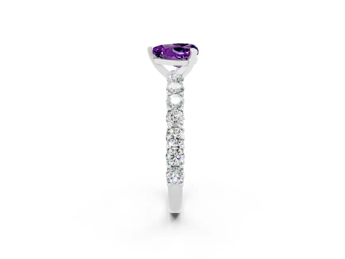 Heart Cut Amethyst Solitaire Ring with Shared Prong Pavé Band and Four-Prong Setting Silver