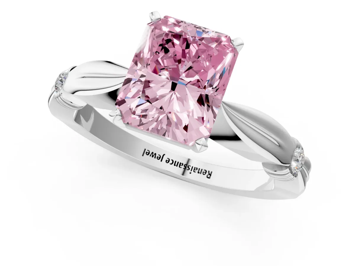 Fancy Pink Radiant Cut Solitaire Diamond Twisted Band with Four-Prong Setting Platinum