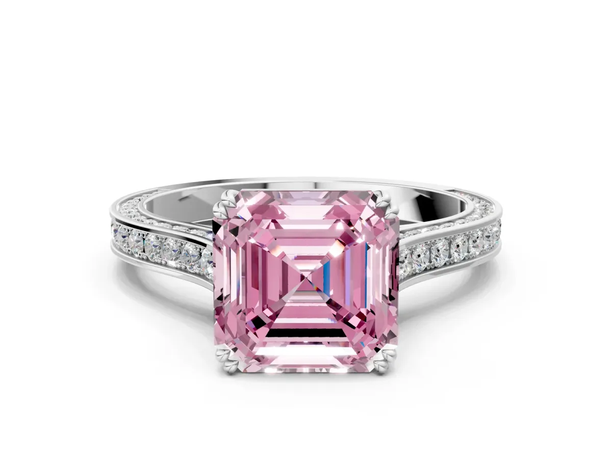 Fancy Pink Asscher Cut Diamond Solitaire with Pave Band and Six-Prong Setting Platinum
