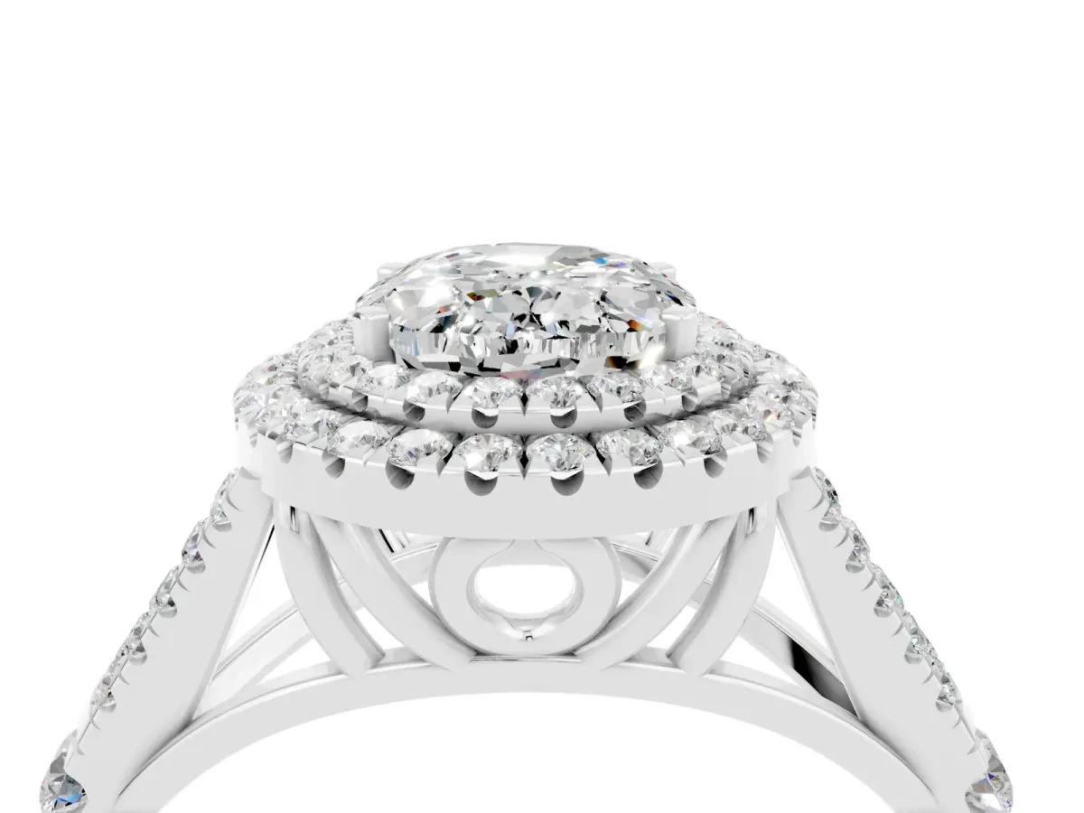 Double Halo Oval Cut Moissanite Pavé Split Shank Ring with Prong Setting Silver