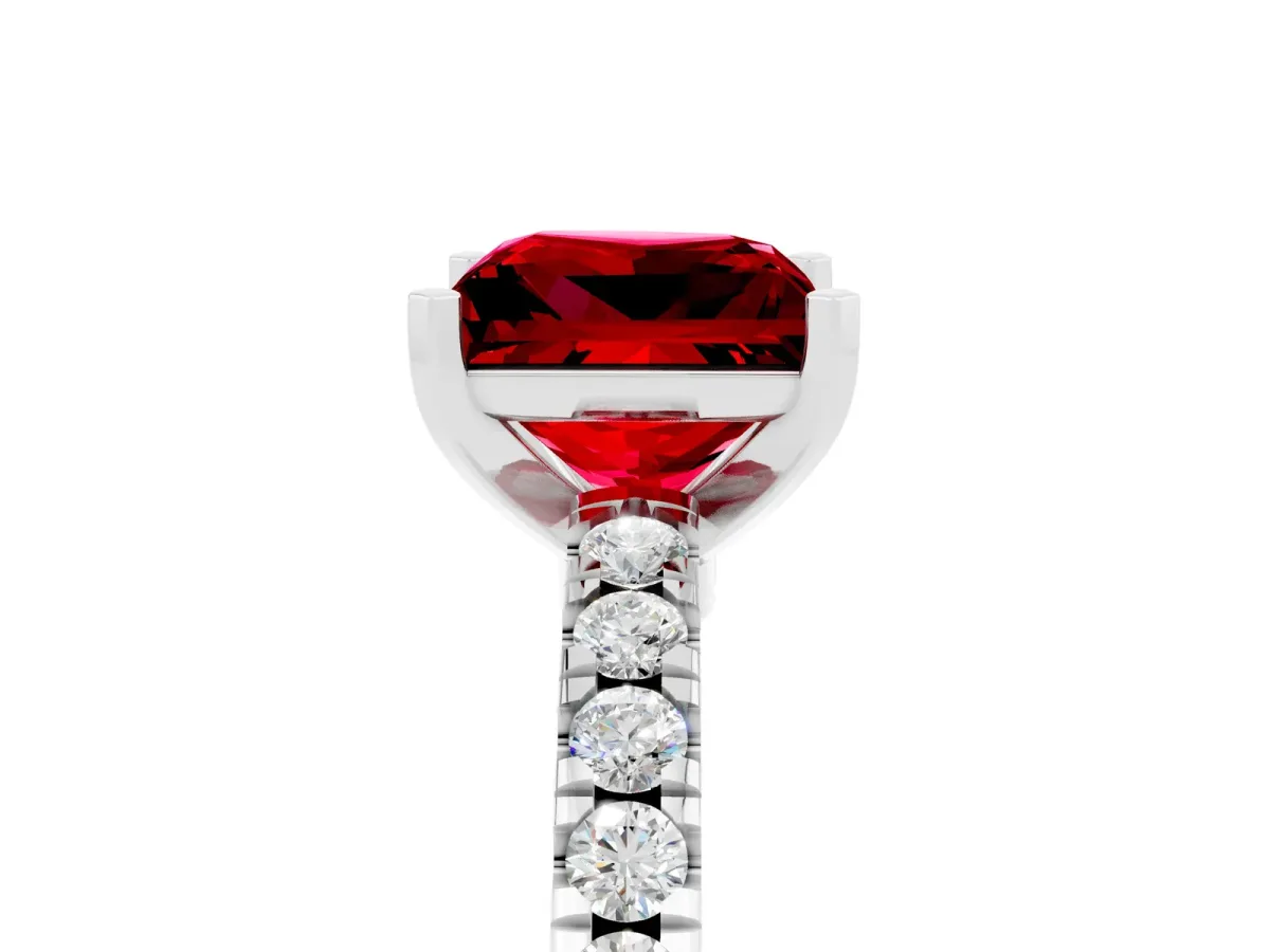 Princess Cut Solitaire Ruby with Pavé Band and Four-Prong Setting Silver