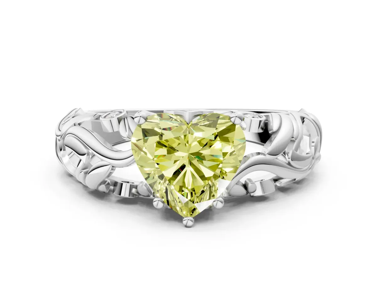 Fancy Yellow Heart Cut Solitaire Diamond Leaf-Inspired Vine Band Ring with Prong Setting Platinum
