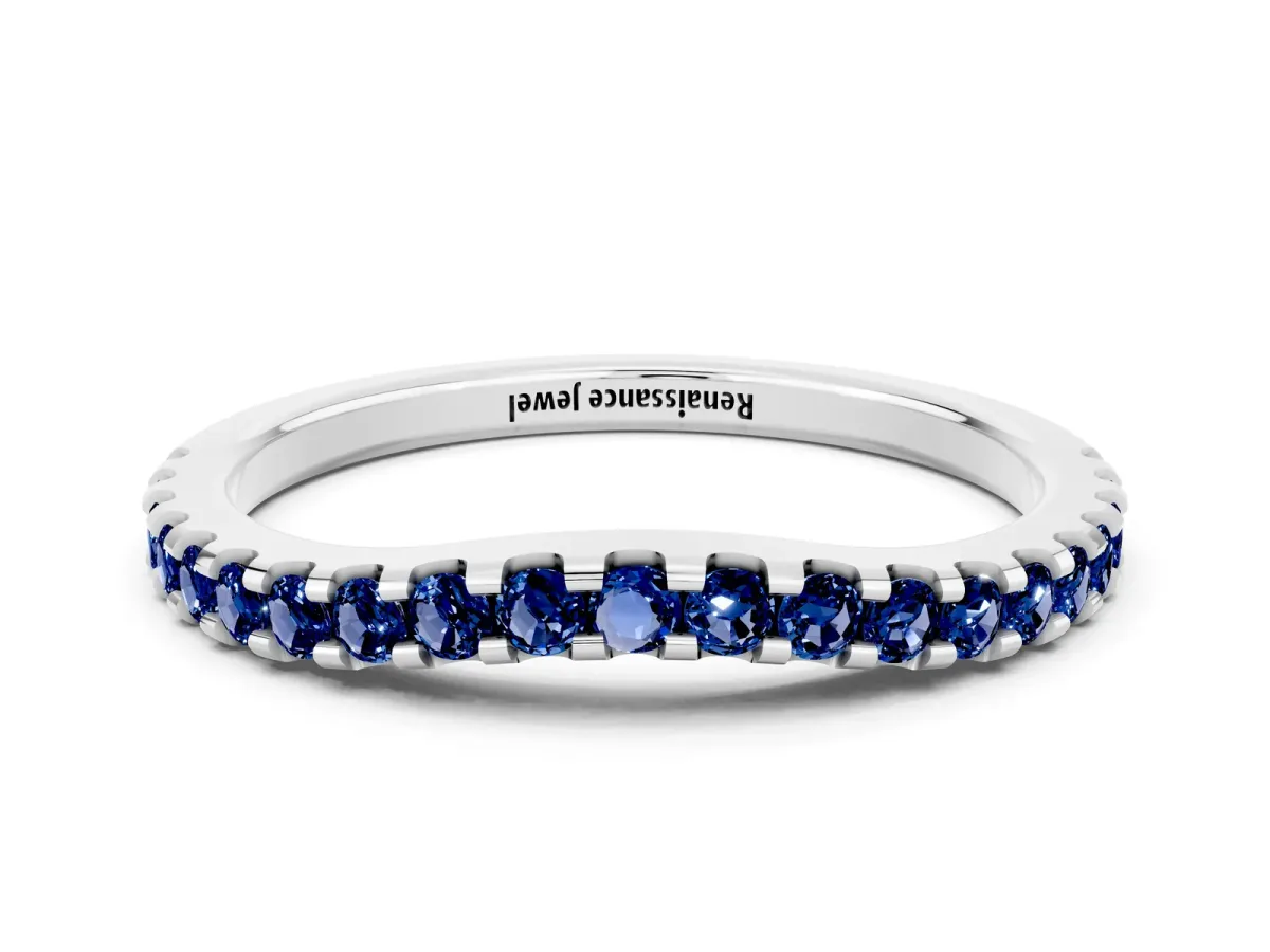 Round Blue Sapphire Pavé Curved Wedding Band Silver