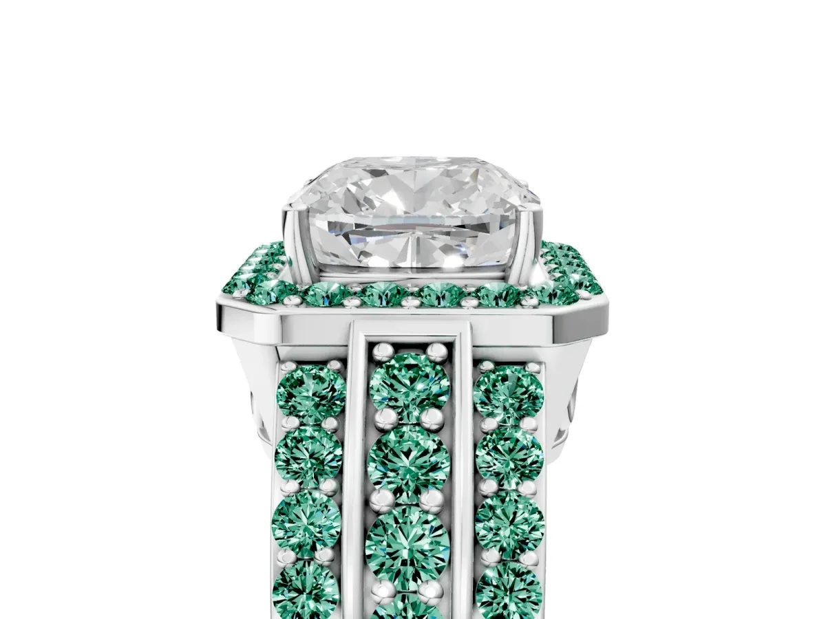Cushion Cut Halo Diamond Ring with Round Green Sapphire Split Shank and Prong Setting Silver