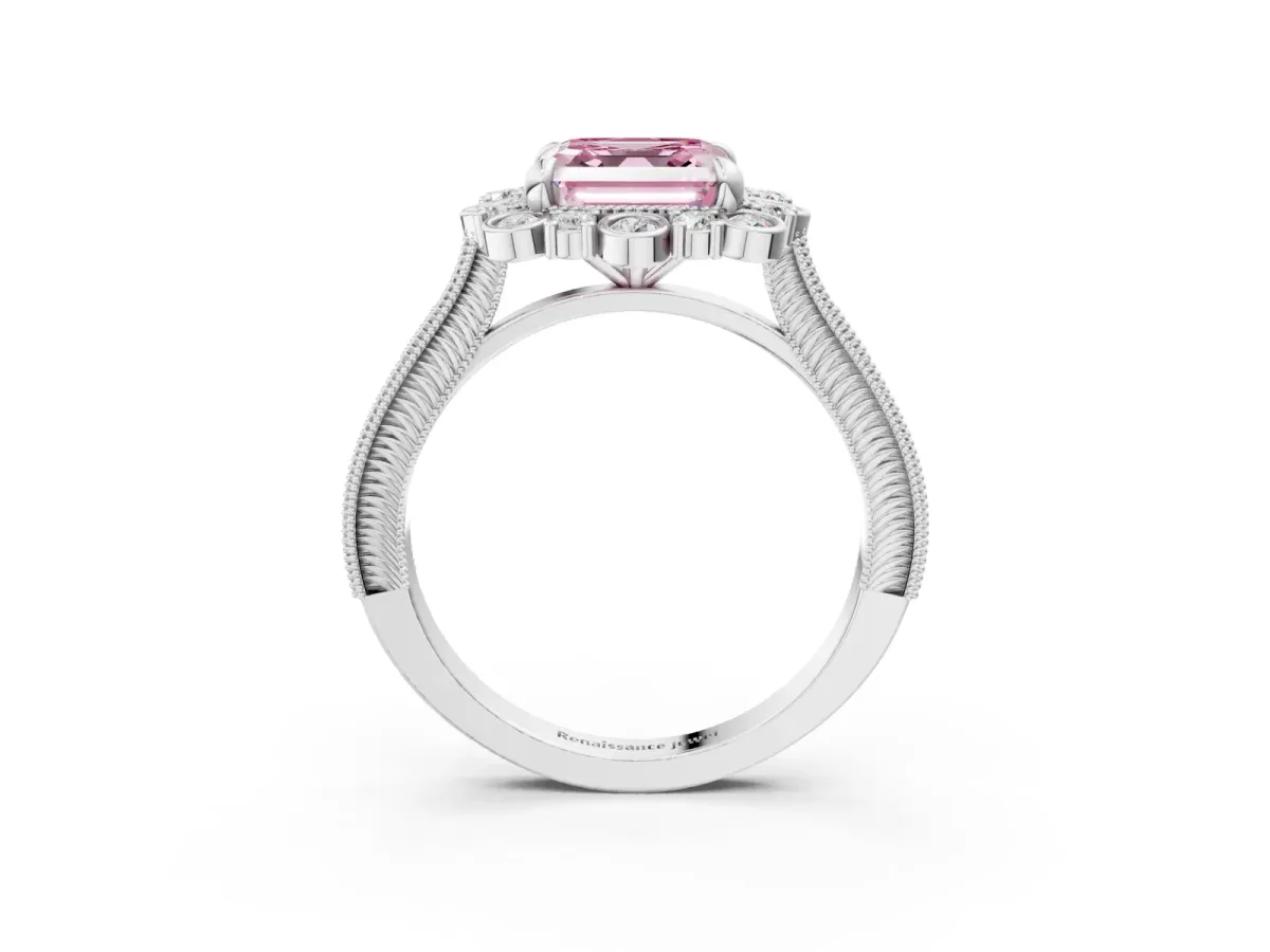 Fancy Pink Asscher Cut Halo Milgrain Pave Diamond Ring with Four-Prong Setting Platinum