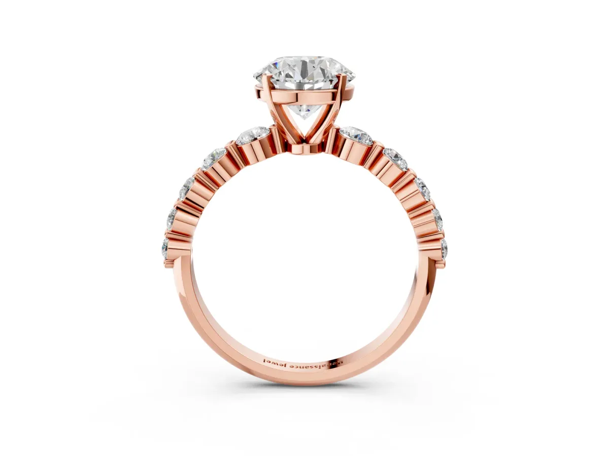 Round Cut Solitaire Diamond Ring with Pave Band and Four-Prong Setting Rose gold