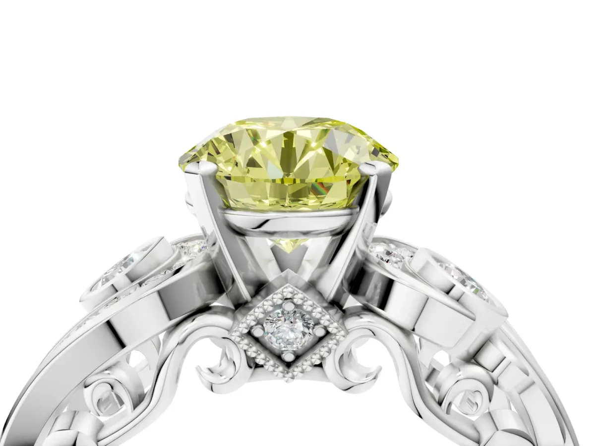 Fancy Yellow Round Cut Diamond Solitaire Ring with Milgrain Pavé Band and Four-Prong Setting Silver