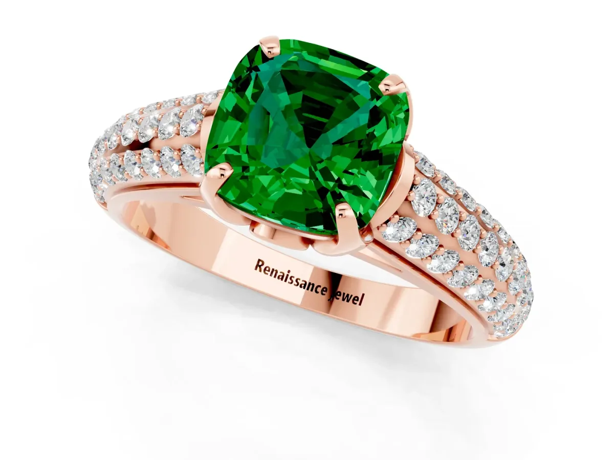 Cushion Cut Emerald Solitaire Ring with Three-Row Pavé Band and Four-Prong Setting Rose gold