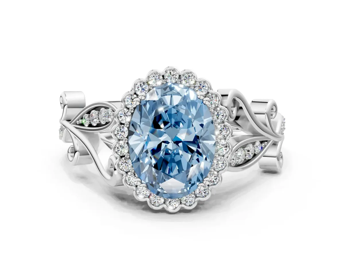 Fancy Blue Oval Cut Diamond Halo Ring with Vintage Split Shank and Four-Prong Setting Silver
