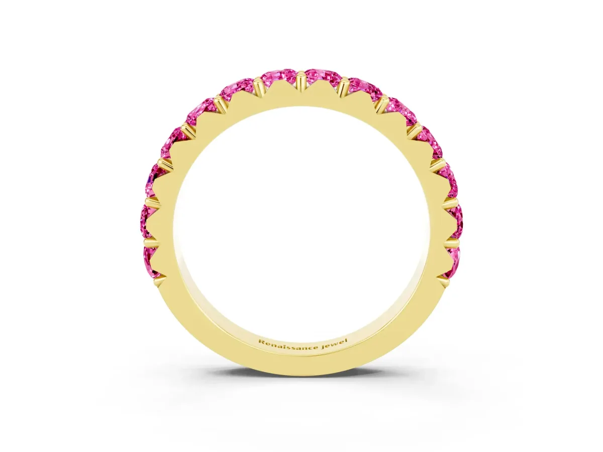 Round Pink Sapphire Half Eternity Band with Classic Prong Setting Yellow gold