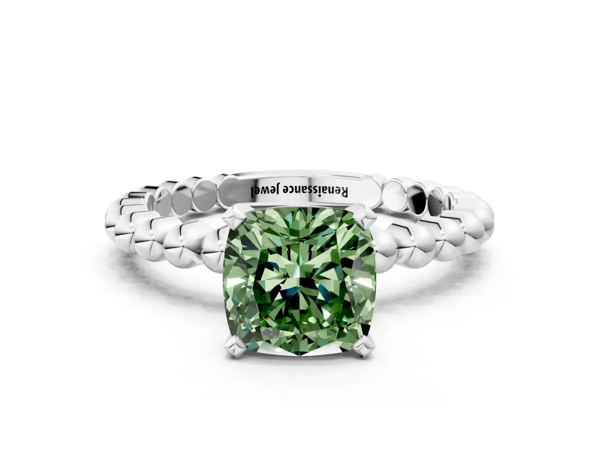 Fancy Green Cushion Cut Diamond Solitaire Ring with Beaded Band and Prong Setting Silver