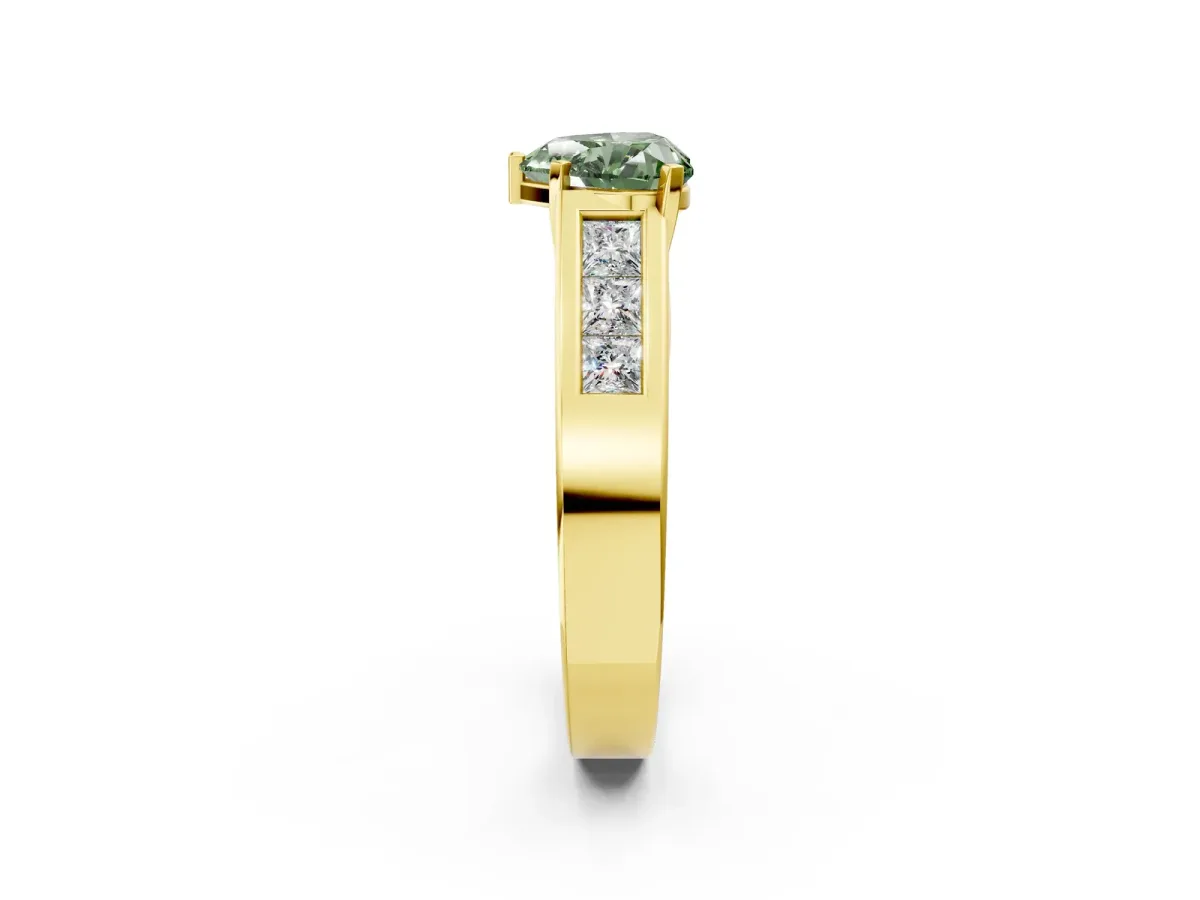 Fancy Green Heart Cut Cut Channel Set Solitaire Ring with Four-Prong Setting Yellow gold