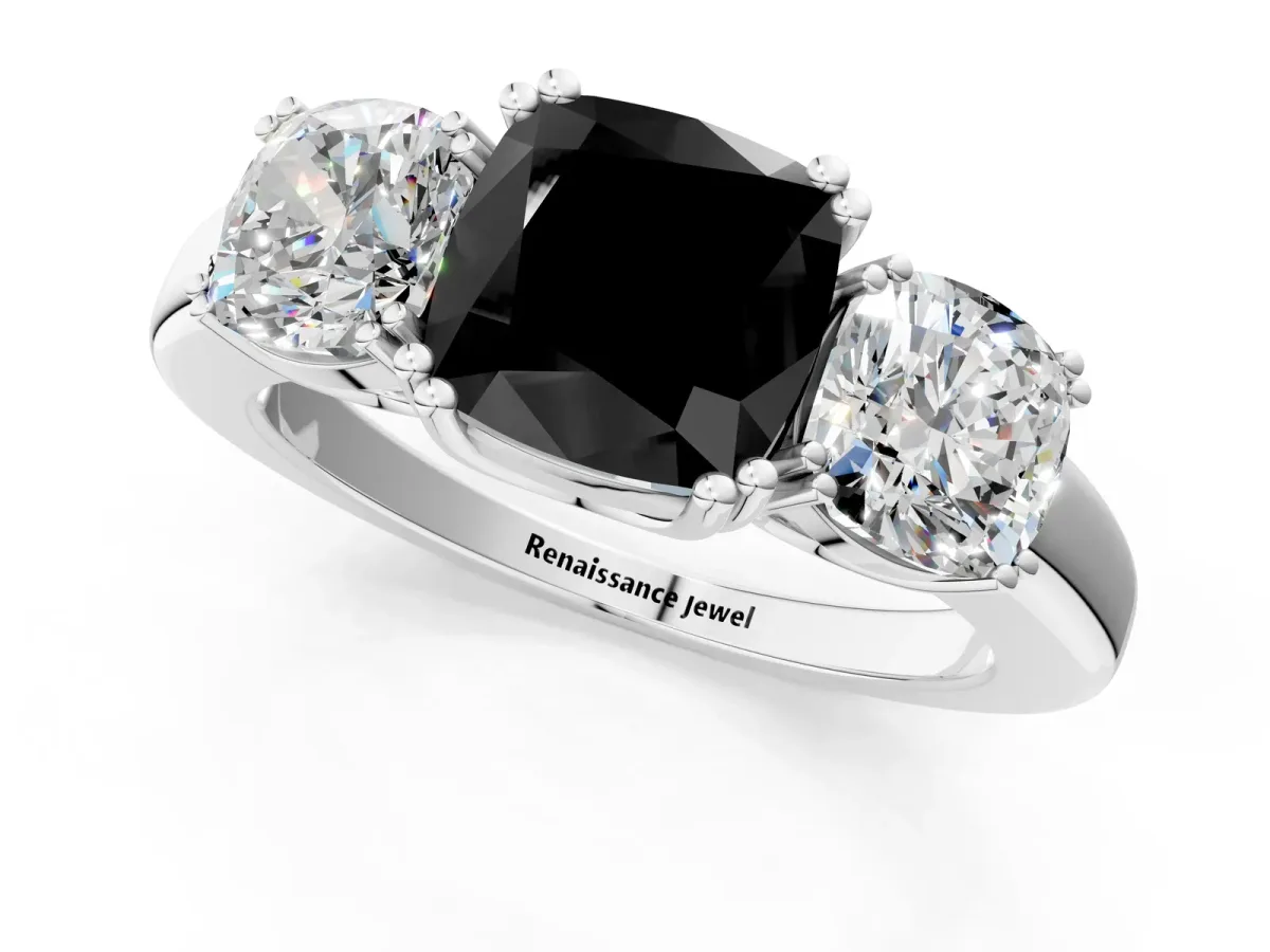 Fancy Black Three-Stone Cushion Cut Cut Diamond Ring with Channel Set Band and Four-Prong Setting Silver