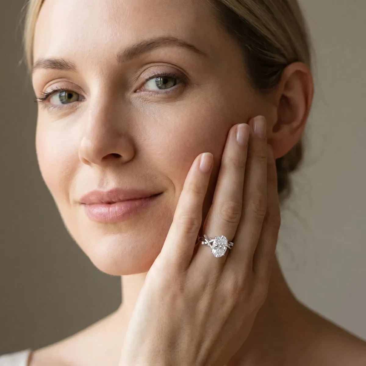 Oval Cut Diamond Solitaire Ring with Twisted Band and Prong Setting Platinum