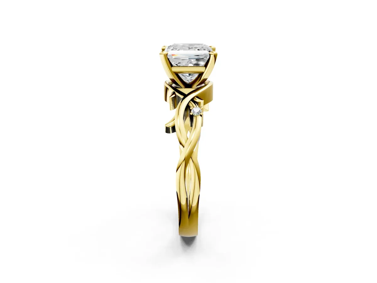 Princess Cut Diamond Solitaire Ring with Twisted Band and Prong Setting Yellow gold