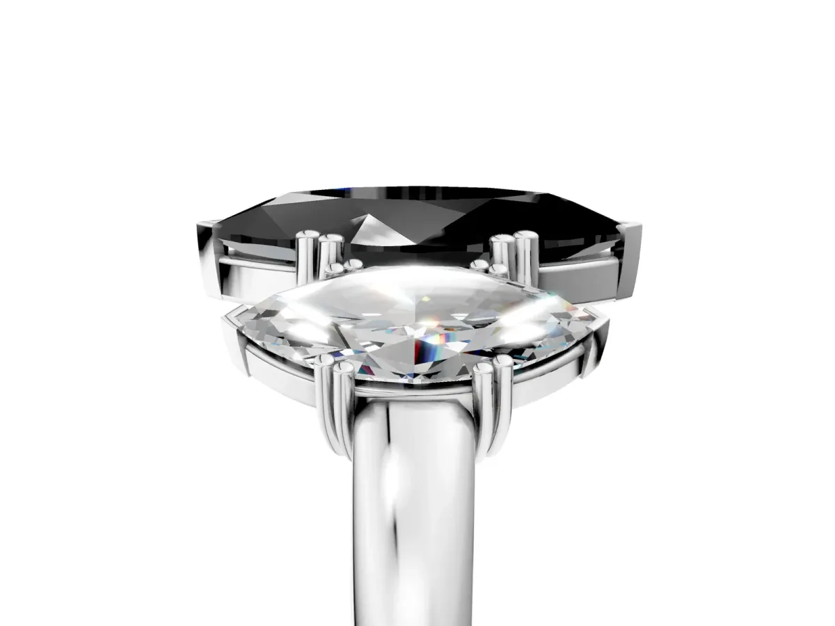 Fancy Black Three-Stone Marquise Cut Cut Diamond Ring with Channel Set Band and Four-Prong Setting Silver