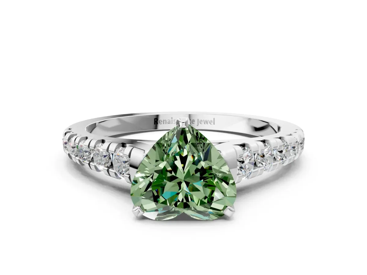 Fancy Green Heart Cut Diamond Cathedral Solitaire Ring with Round Pavé Band Silver