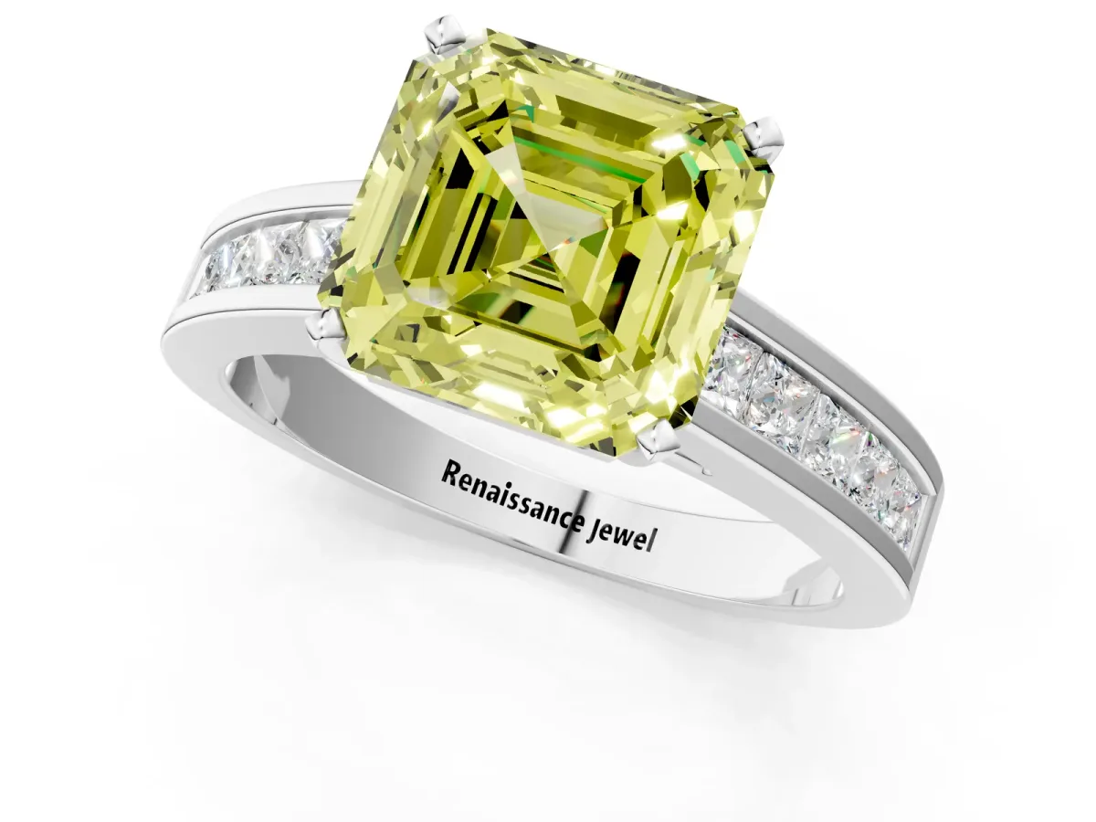 Fancy Yellow Asscher Cut Solitaire Diamond Ring with Channel-Set Band and Four-Prong Setting Platinum