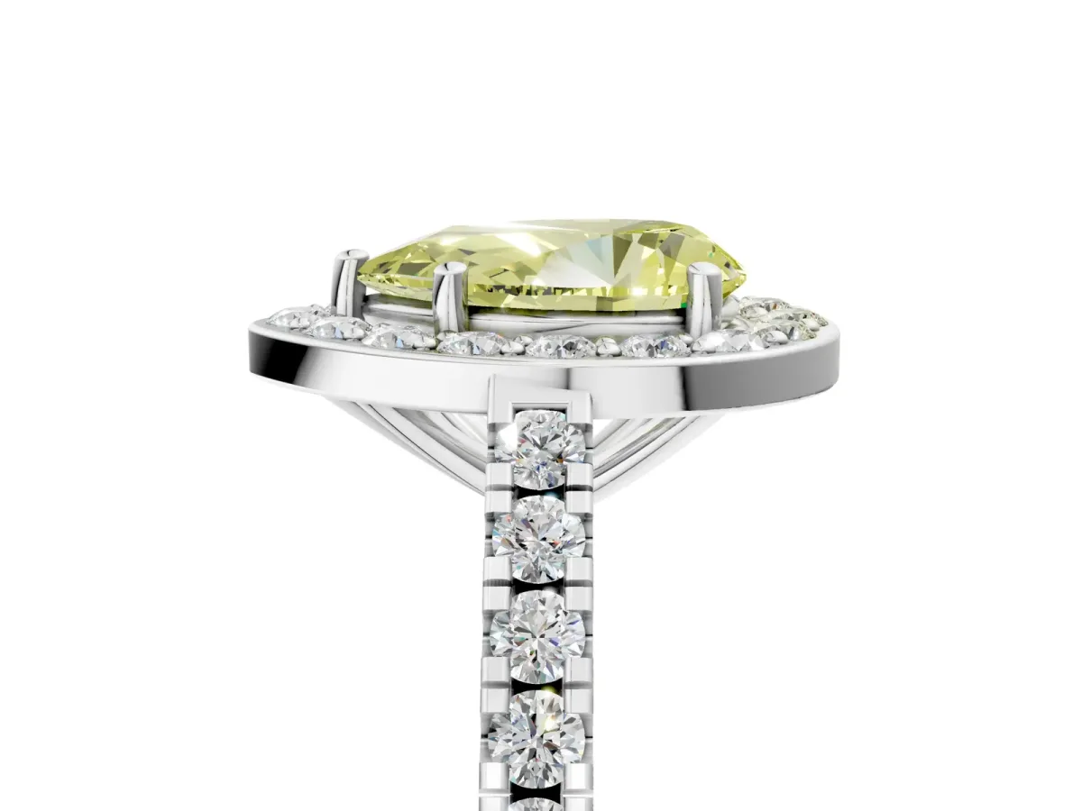 Fancy Yellow Pear Cut Diamond Halo Ring with Round Pavé Split Shank and Prong Setting Platinum