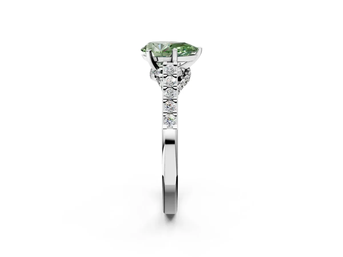 Fancy Green Pear Cut Diamond Solitaire Ring with Crossover Gallery and Round Pavé Band Silver