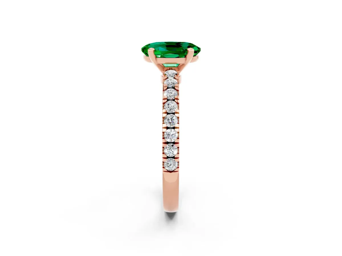 Oval Cut Solitaire Emerald with Pavé Band and Four-Prong Setting Rose gold