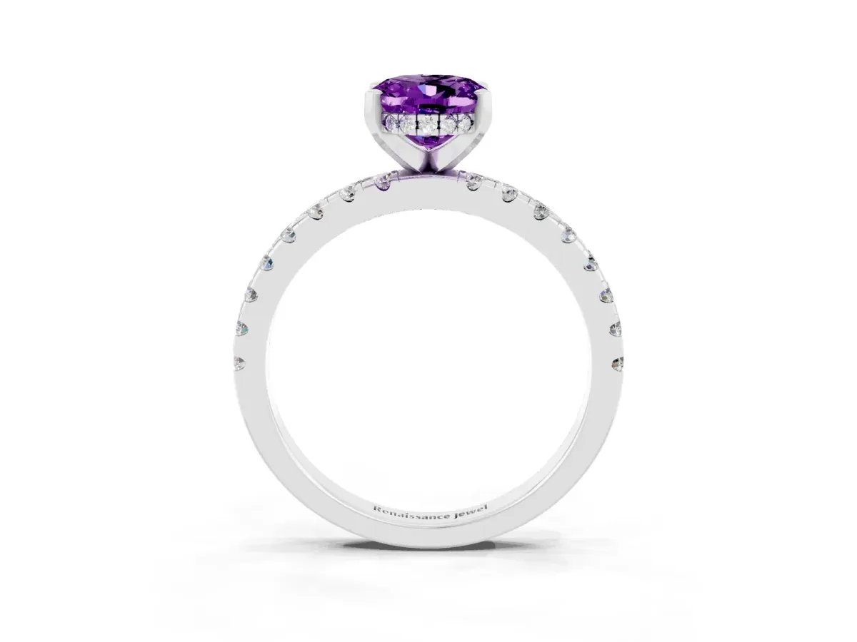 Oval Cut Amethyst Solitaire Ring with Round Pavé Band and Four-Prong Setting Silver