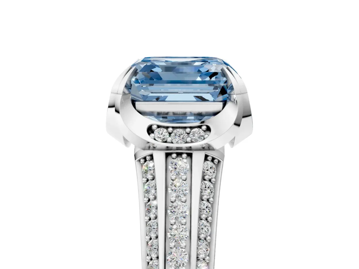 Fancy Blue Asscher Cut Solitaire Pave Split Shank Ring with Four-Prong Setting Platinum