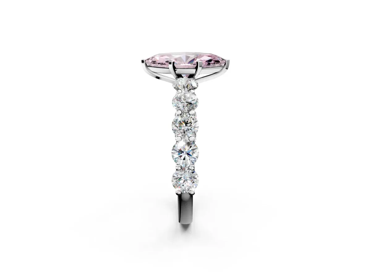 Fancy Pink Marquise Cut Diamond Prong Setting with Side Stones on a Pave Band Silver