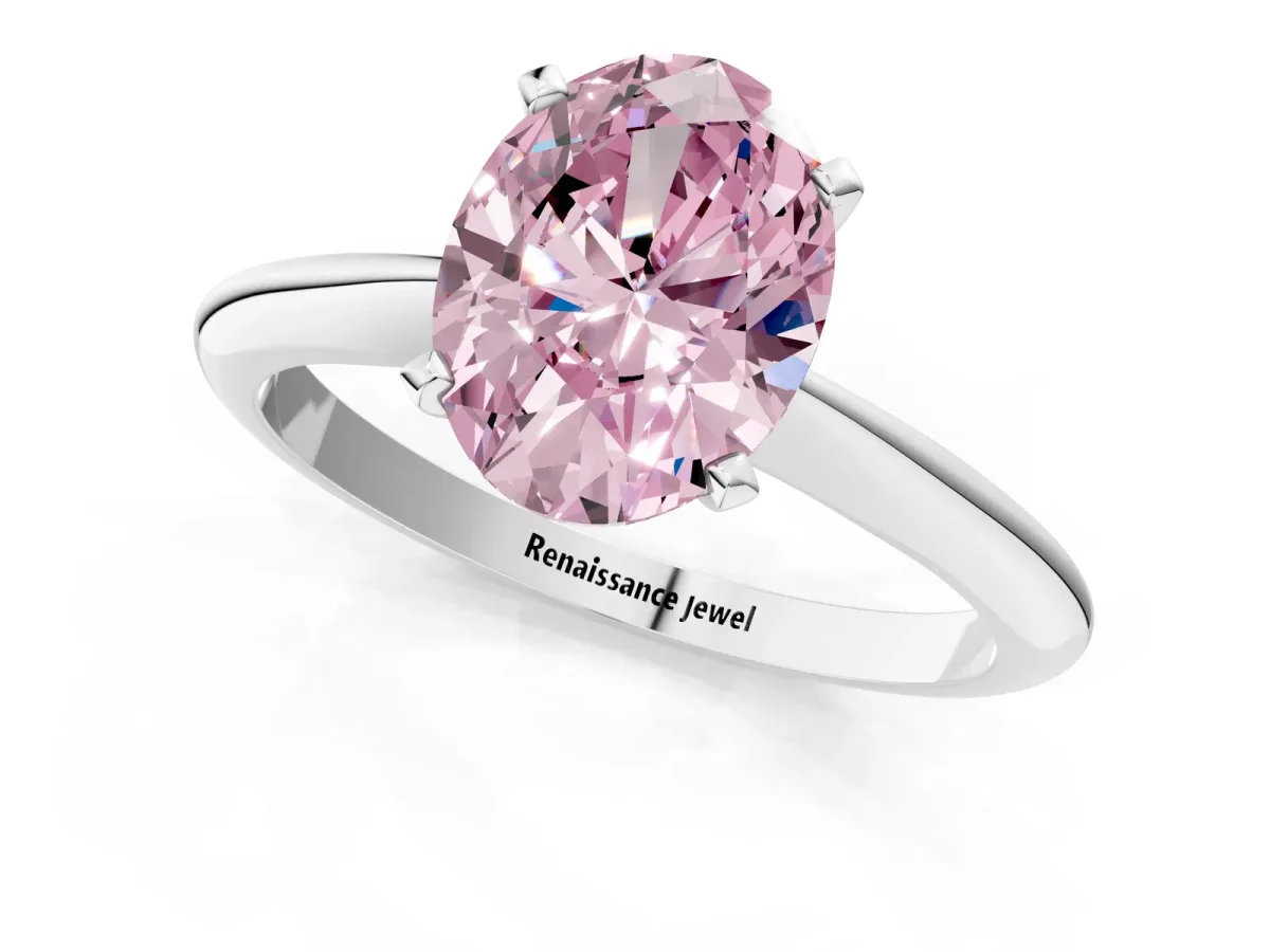 Fancy Pink Oval Cut Diamond Solitaire Engagement Ring with Classic Band and Four-Prong Setting Silver