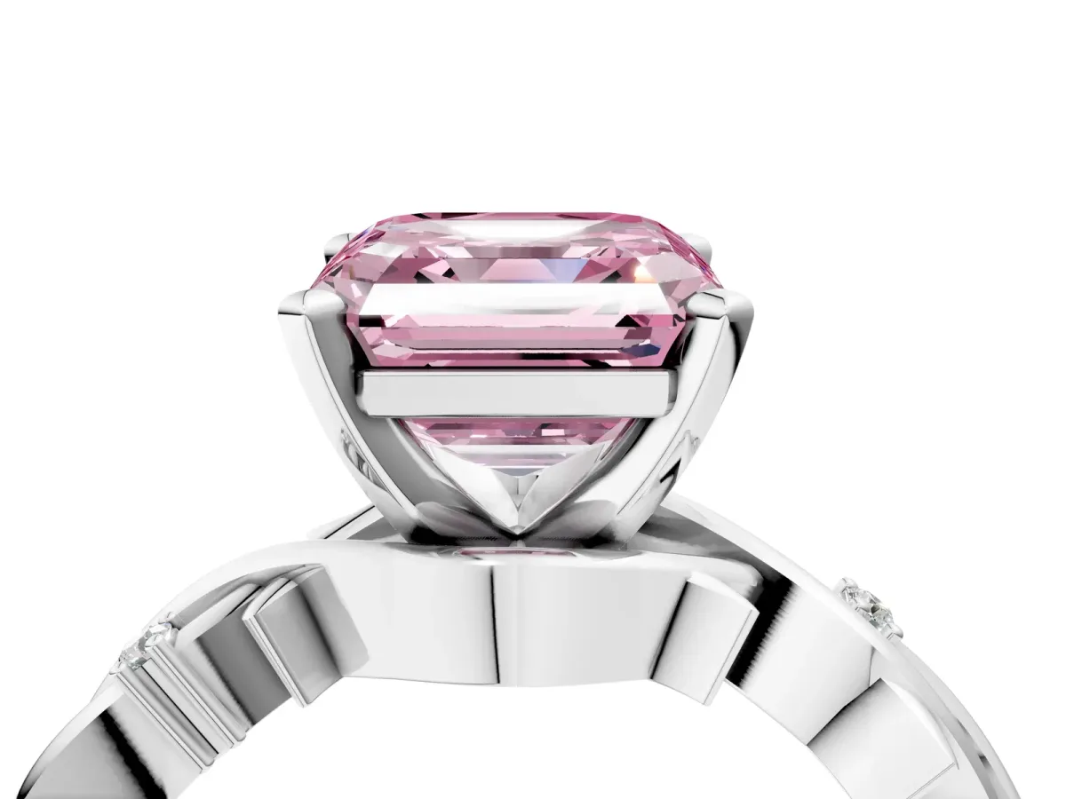 Fancy Pink Asscher Cut Diamond Solitaire Ring with Twisted Band and Prong Setting Silver