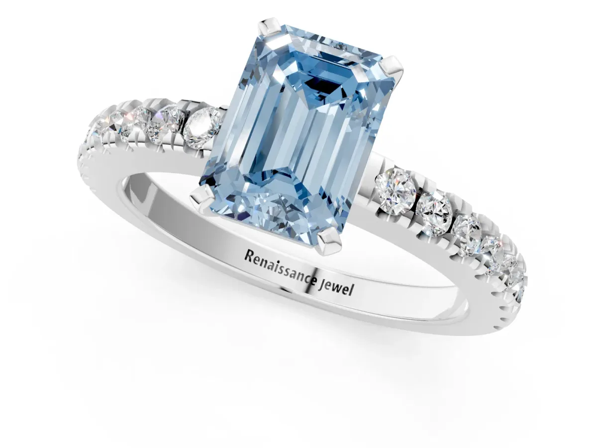 Fancy Blue Emerald Cut Solitaire Diamond with Pavé Band and Four-Prong Setting Platinum