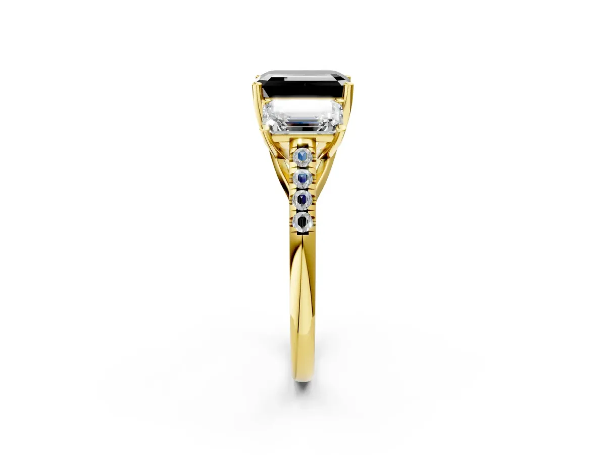 Fancy Black Three-Stone Emerald Cut Diamond Ring with Round Pavé Band and Prong Setting Yellow gold