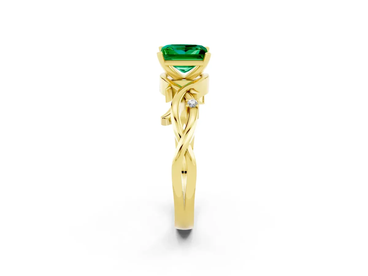 Princess Cut Emerald Solitaire Ring with Twisted Band and Prong Setting Yellow gold