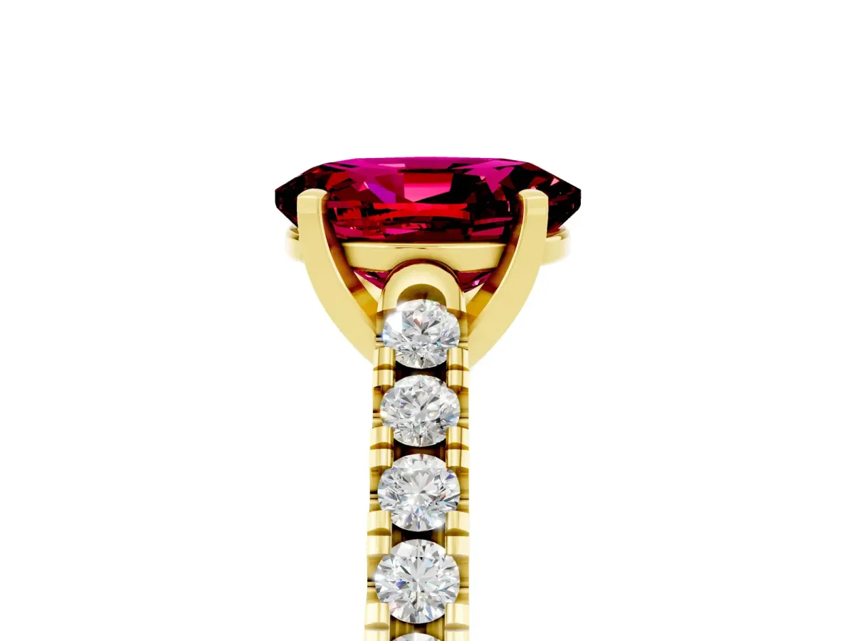 Oval Cut Garnet Pavé Band Solitaire Ring with Prong Setting Yellow gold