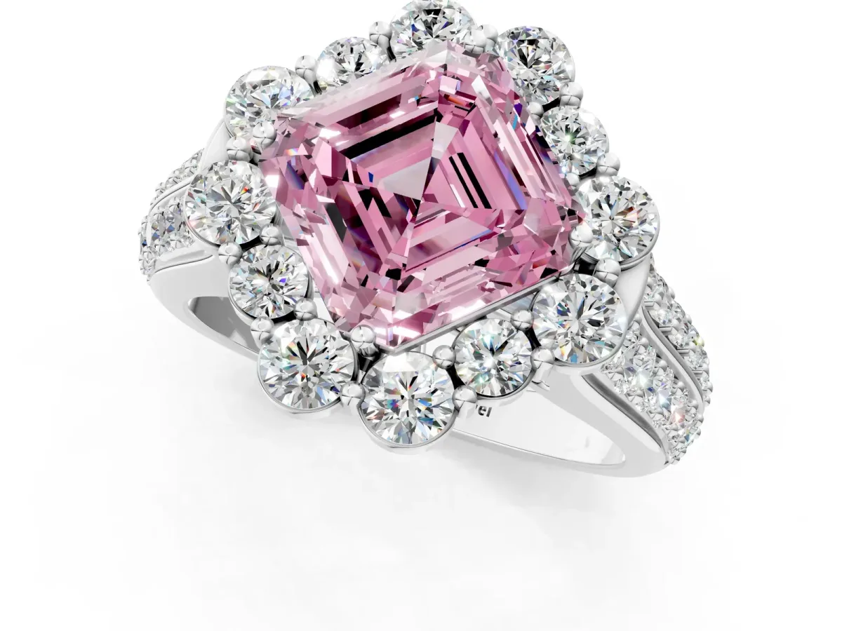 Fancy Pink Asscher Cut Halo Diamond Engagement Ring with Split Shank and Prong Setting Platinum