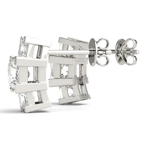 Three-Stone Princess Cut Channel Set Earrings with Bar Prong Setting Silver