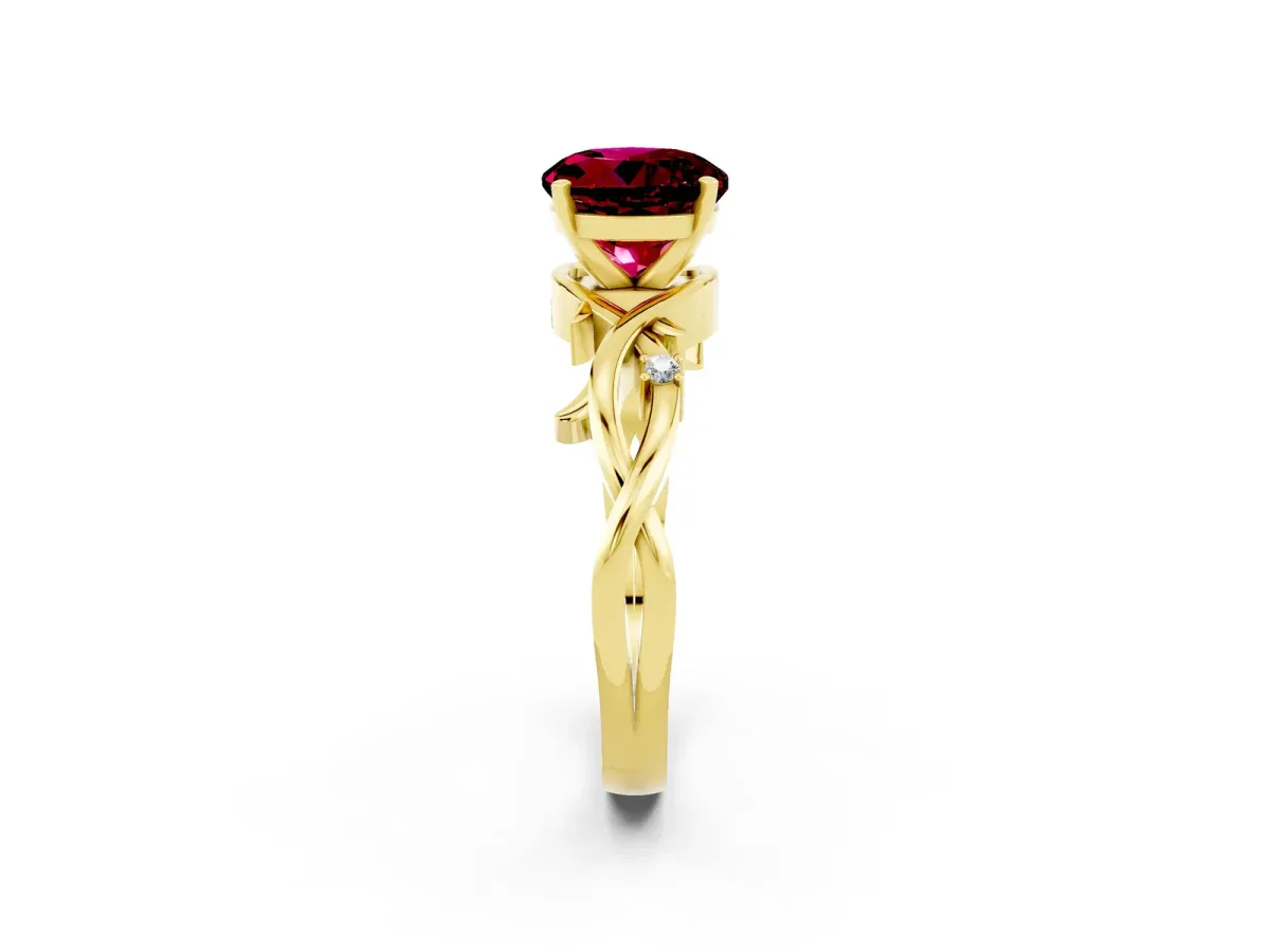 Round Cut Garnet Solitaire Ring with Twisted Band and Prong Setting Yellow gold