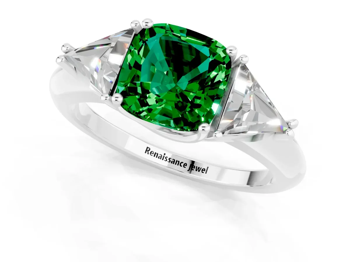 Three-Stone Cushion Cut Emerald Engagement Ring with Trillion Side Stones and Prong Setting White gold