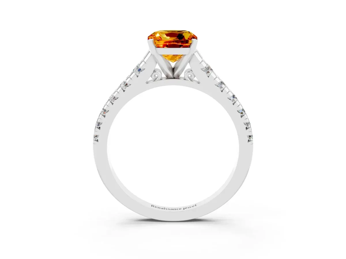 Cushion Cut Citrine Cathedral Solitaire Ring with Round Pavé Band Silver