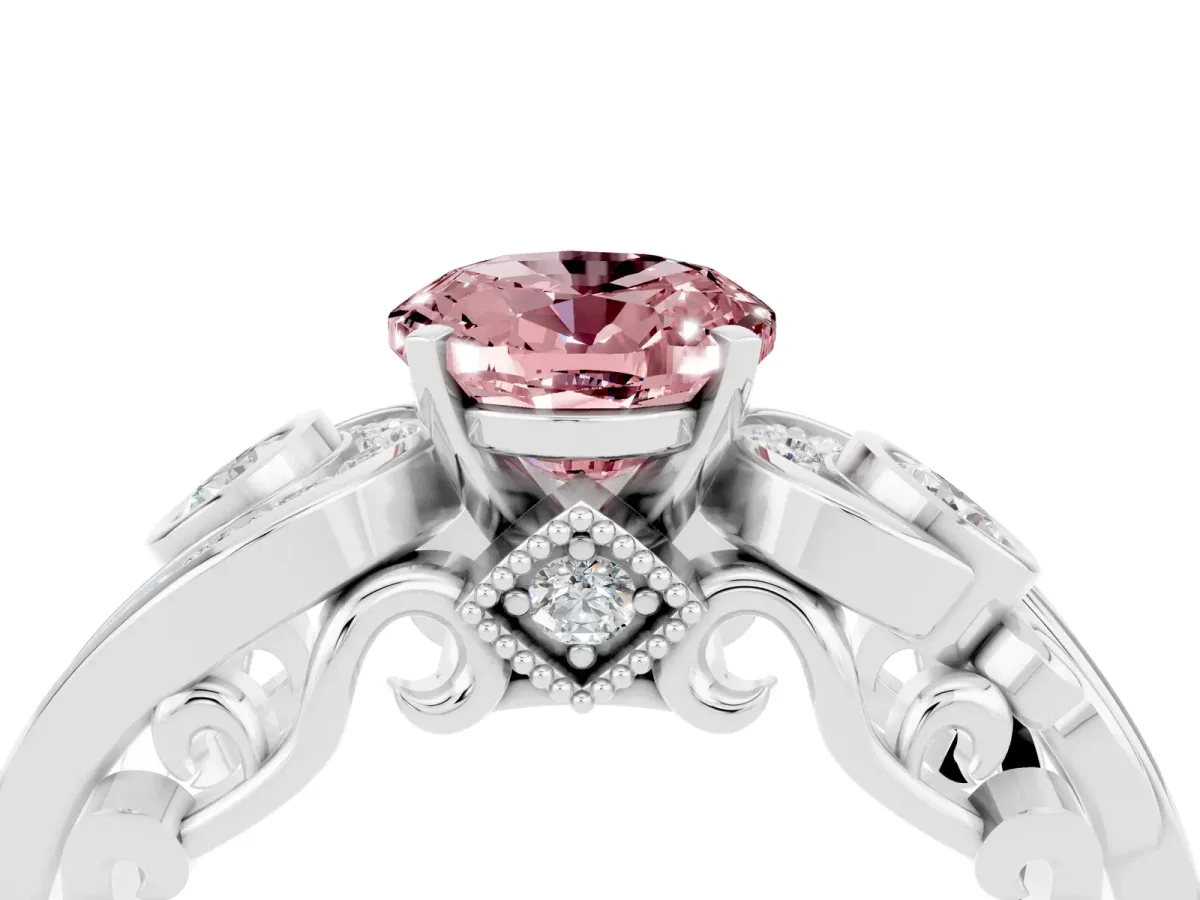 Oval Cut Morganite Solitaire Ring with Milgrain Pavé Band and Four-Prong Setting Silver