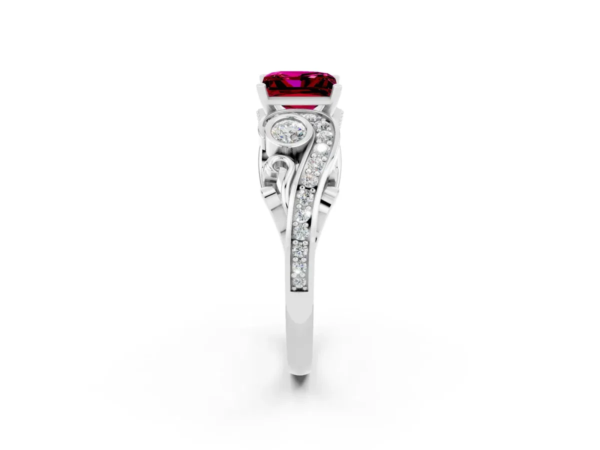 Princess Cut Garnet Solitaire Ring with Milgrain Pavé Band and Four-Prong Setting Silver
