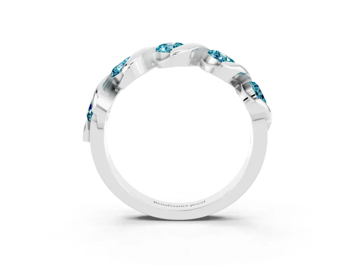 Round Blue Topaz Wave Band with Channel Setting and Shared Prongs Silver