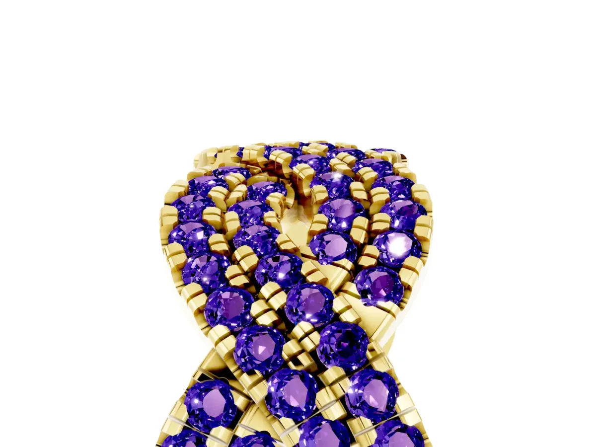 Pavé Round Tanzanite Infinity Twist Band with Shared Prong Setting Yellow gold