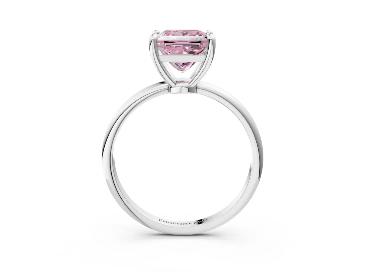 Fancy Pink Princess Cut Solitaire Diamond Ring with 4-Prong Setting on a Classic Band Silver