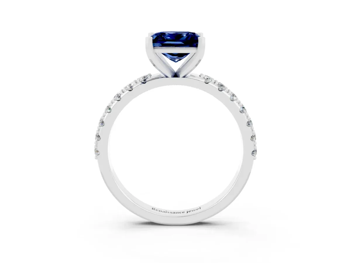 Princess Cut Blue Sapphire Solitaire Pavé Band with Four-Prong Setting Silver