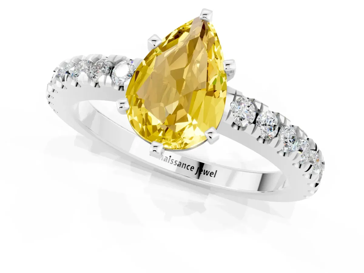 Pear Cut Solitaire Yellow Sapphire with Pavé Band and Four-Prong Setting Silver